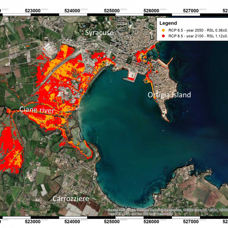 Mappa della potenziale sommersione del Porto di Siracusa secondo uno degli scenari dell’IPCC al 2050 (in giallo) e al 2100 (in rosso)