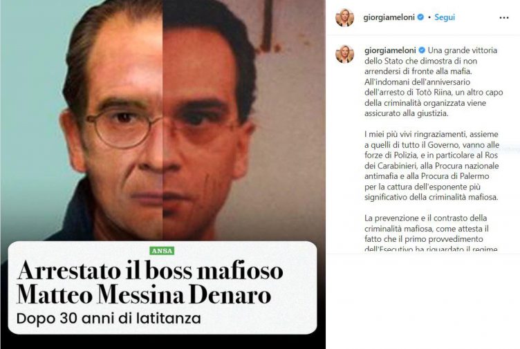 Profil Instagram de Giorgia Meloni sur l'arrestation de Matteo Messina Denaro