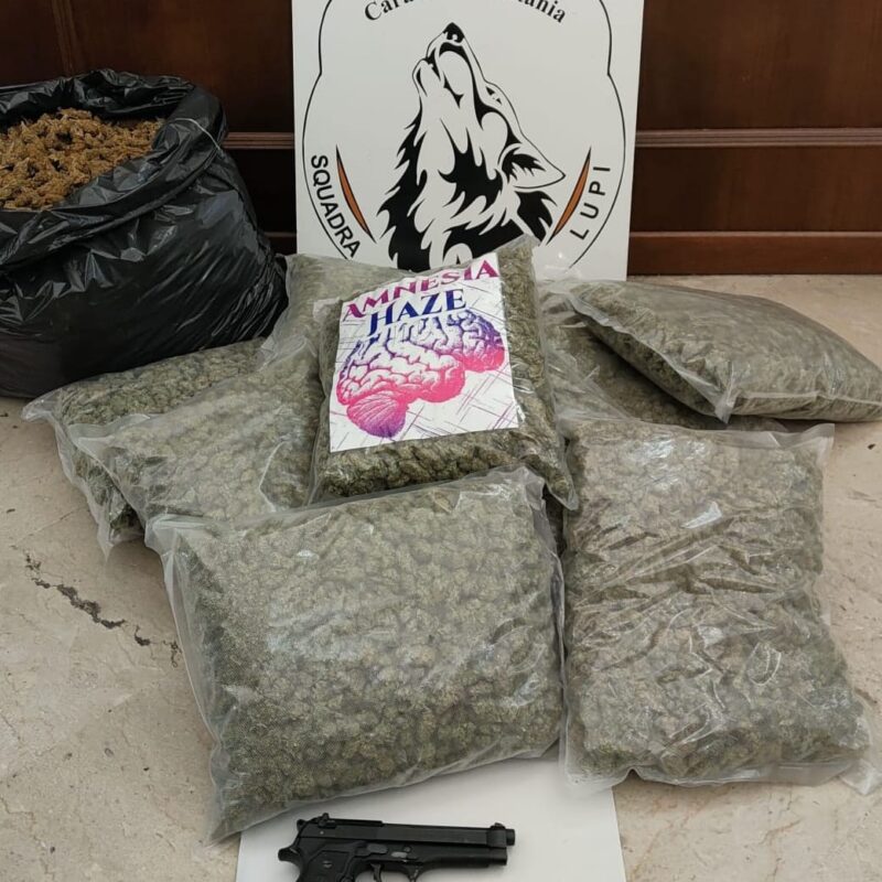 La pisola, le cartucce e la droga trovate dai carabinieri