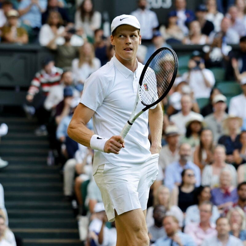 epa12213909 Jannik Sinner of Italy celebrates after winning the Men's 2nd round match against Aleksandar Vukic of Australia at the Wimbledon Championships, Wimbledon, Britain, 03 July 2025. EPA/TOLGA AKMEN EDITORIAL USE ONLY